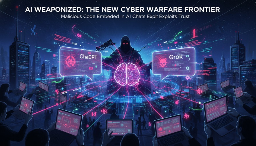 Illustration of malware hidden inside AI chat interface