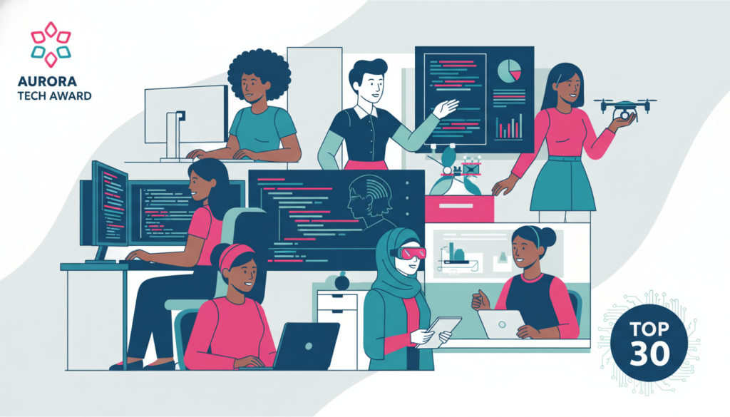 Aurora Tech Award finalists graphic featuring diverse female tech entrepreneurs