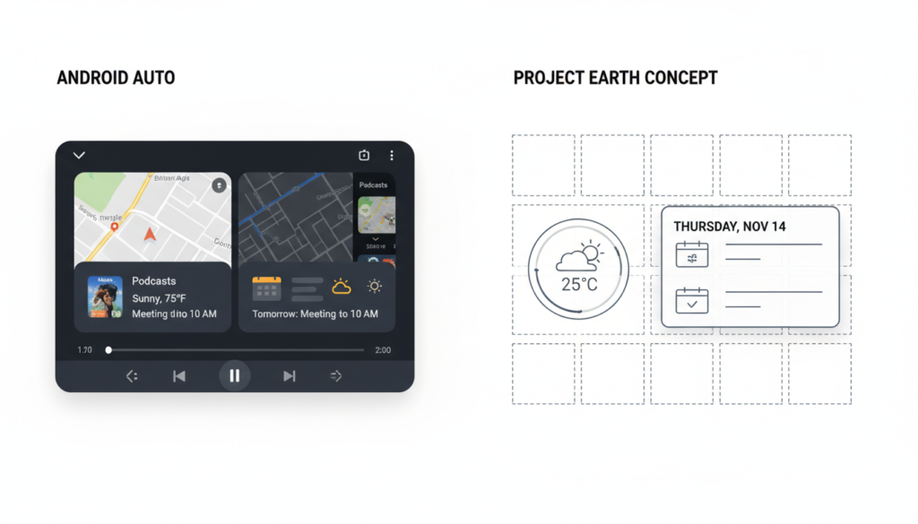 Android Auto home screen widgets
Auto home screen widgets weather and calendar integration on a car dashboard.