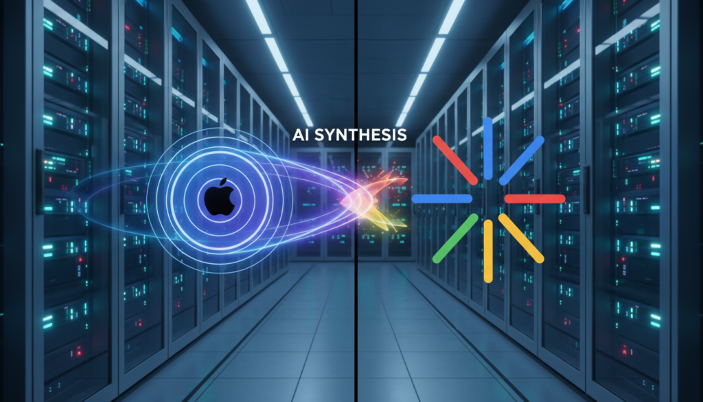 Illustration of Apple Siri interface integrating with Google Gemini AI sparkles.