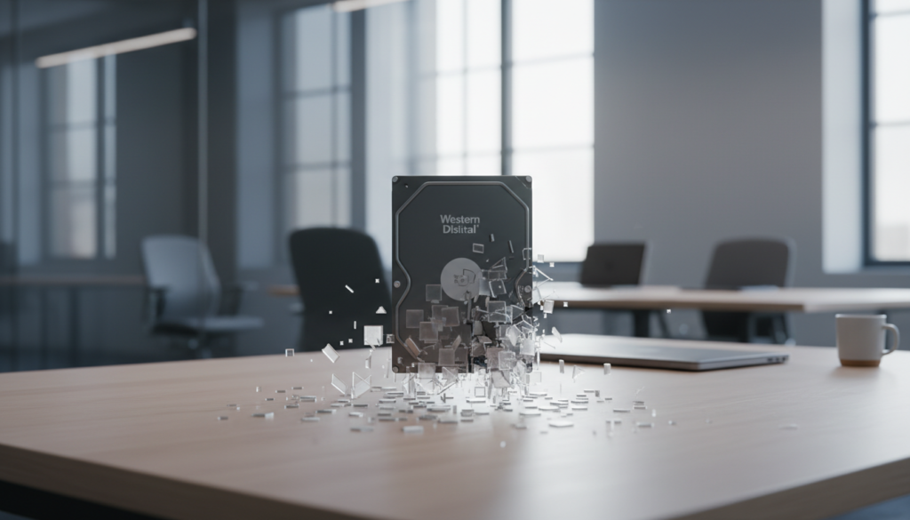 Western Digital 2026 production
Western Digital hard drive production line overtaken by glowing artificial intelligence network nodes